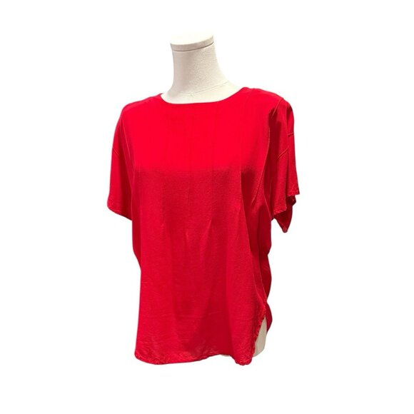 Vintage 80s Silk Short Sleeve Red Pintuck Blouse W/ Shoulder Pads Womens Medium - Picture 2 of 10